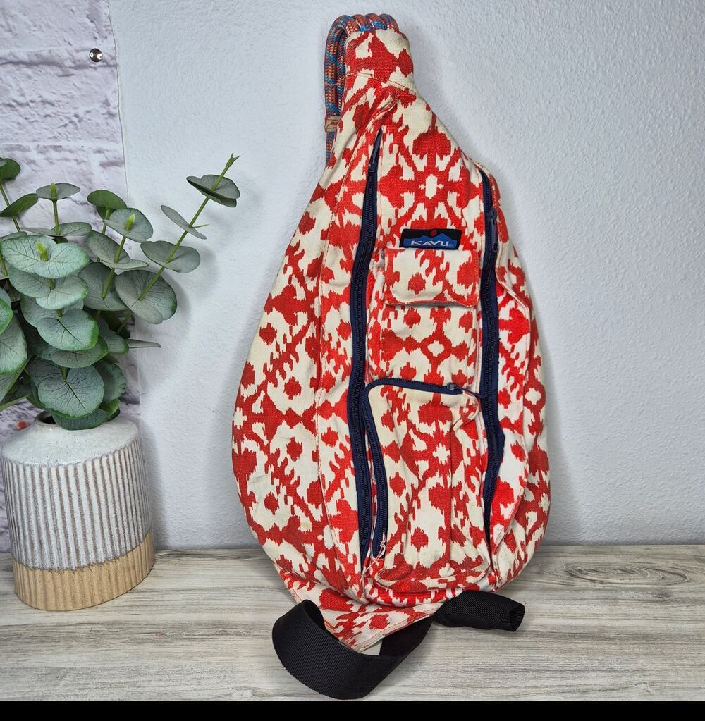 KAVU Cotton Canvas Rope Sling Bag Red Cream Geometric Ikat Crossbody Backpack